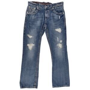 Rock Revival Men's Boot Cut Denim Jeans Troy Distressed 32x31 Stud Accent Biker